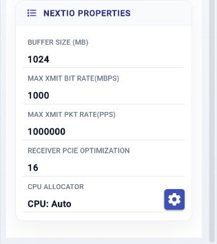 Microburst Shaper properties showing buffer size, maximum transmit bit rate and packet rate, receiver PCIe optimization, and compute allocation.