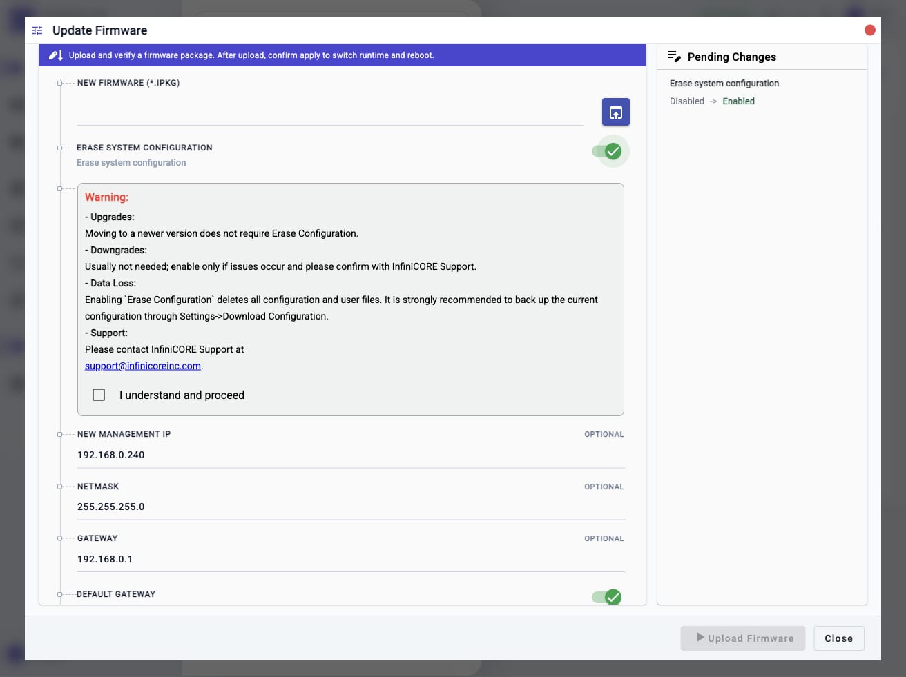 Update Firmware workflow with Erase system configuration enabled, warning acknowledgement, management IP fields, DNS fields, and pending changes