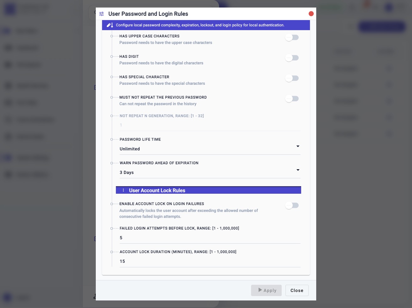 Password and Login Rules workflow showing User Account Lock Rules with login failure lockout, failed-attempt threshold, lock duration, Apply, and Close controls