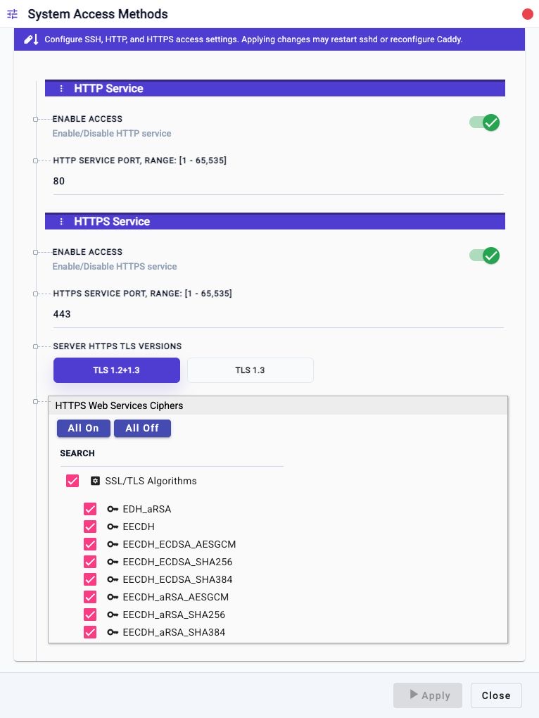 System Access Methods workflow showing HTTP Service, HTTPS Service, TLS version, and HTTPS cipher controls.