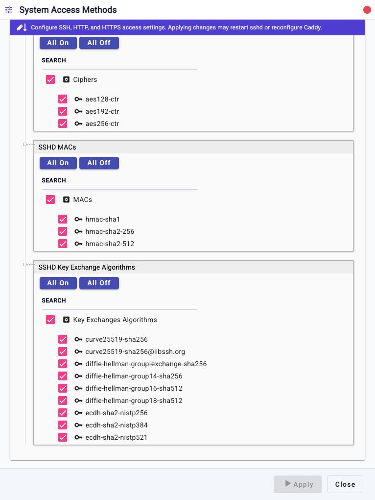System Access Methods workflow showing SSHD MAC and SSHD key exchange algorithm controls