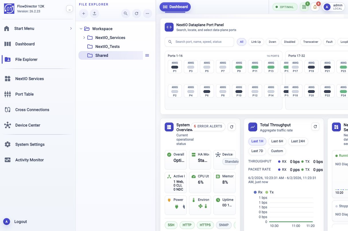 01Layer Web UI with the activity bar expanded, showing full navigation labels for Start Menu, Dashboard, File Explorer, NextIO Services, Port Table, Cross Connections, Device Center, System Settings, Activity Monitor, and Logout