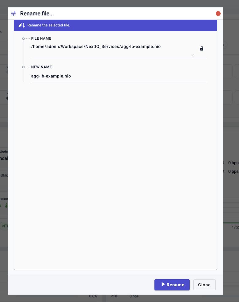 Rename file workflow prompt showing the source file name, new name field, Rename action, and Close button