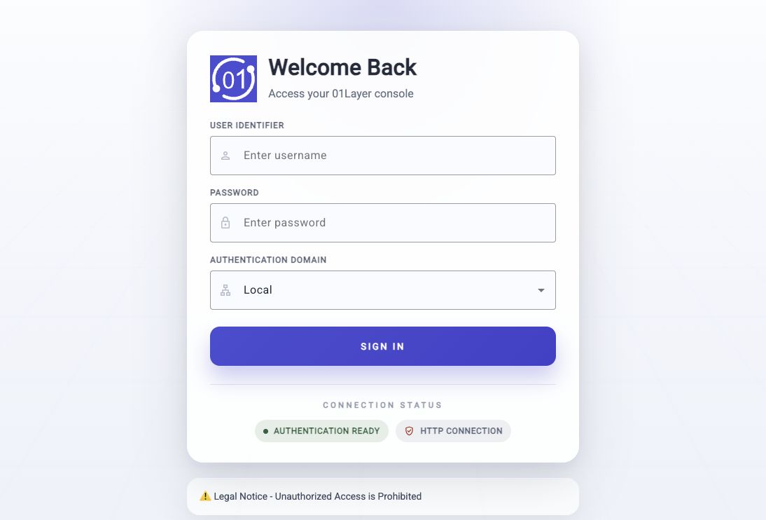 01Layer login screen showing User Identifier, Secure Key or Password, Authentication Domain, Sign In, and connection status.