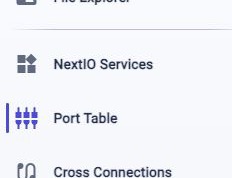 Activity bar close-up showing the Port Table button between NextIO Services and Cross Connections