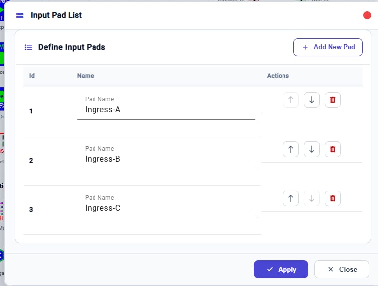 Input Pad List dialog with input pads named Ingress-A, Ingress-B, and Ingress-C