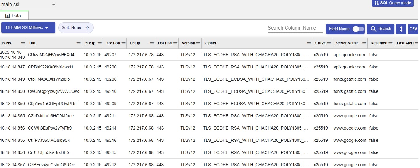 SSL analysis table showing TLS version, cipher, curve, server name, resumption status, and alert fields